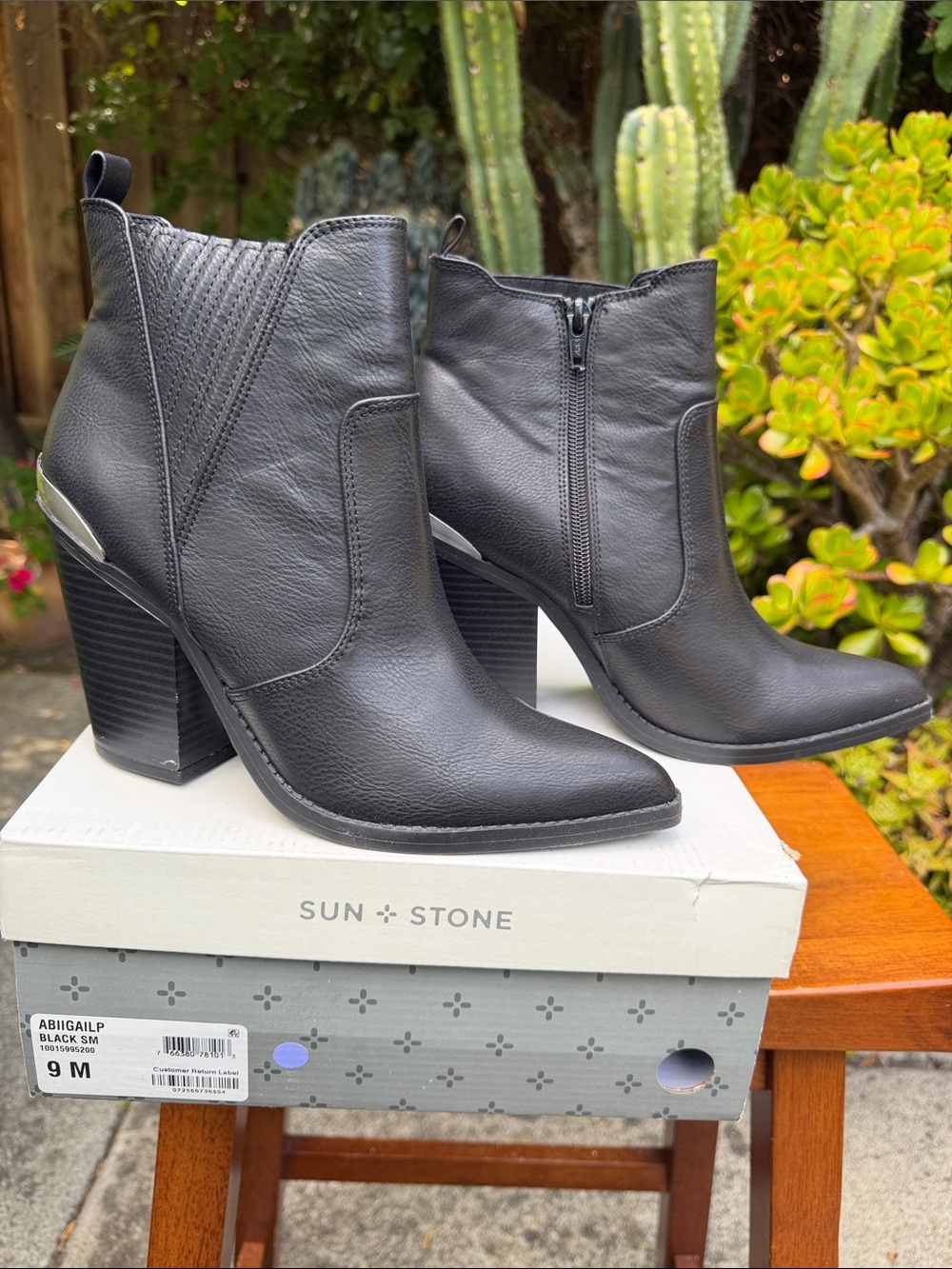 Sun + Stone Black Leather Pointed Toe Block Heel Ankle Boots